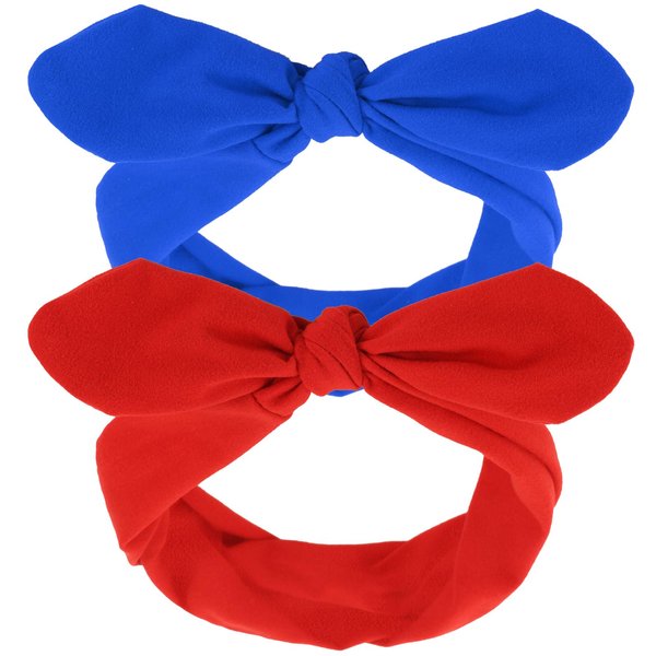 2 Pcs Halloween Retro Headbands Woman Girl Headbands with Bows Cotton Handmade Hairbands Baby Vintage Wire Headband Rabbit Ear Bow Hair Band Headwrap (Red and Blue)