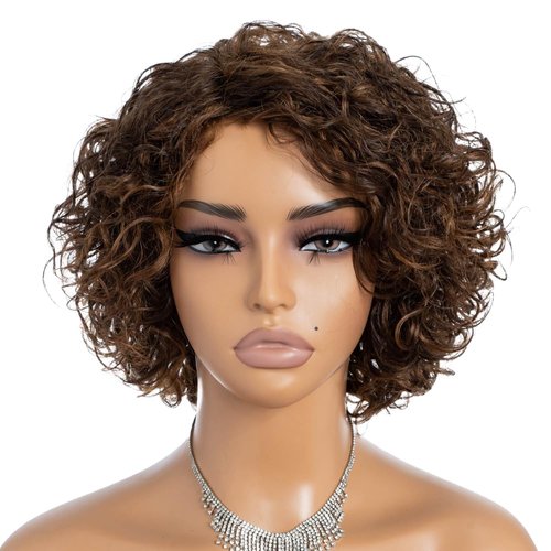 Rebecca Fashion #4/30 Short Wavy Human Hair Wigs for Black Women Side Part Wear and Go Glueless Wigs 100% Brazilian Remy Hair, Cute Curly Bob Wig Natural Looking, Ombre Brown Color