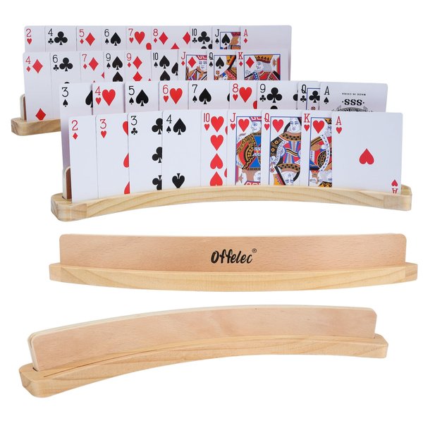 Offelec Set of 4 Wood Playing Cards Holders - 14 inch 2 Slot Solid Wooden Cruved Playing Card Holder Set for Kids Adults Stackable Storage Card Deck Holder for Bridge Canasta Strategy Foot and Hand