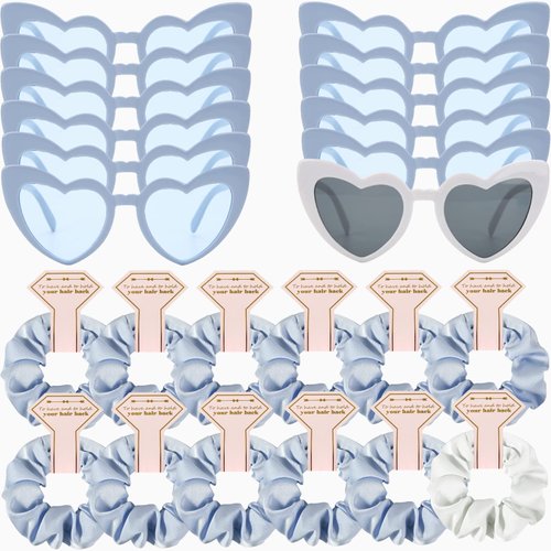 Loanzeg Satin Bridesmaid Scrunchies Bachelorette Hair Ties Set of 12 sunglasses Bridal Shower No Damage Hairties ideas Gift for Wedding Party Favors Bridesmaid Proposal Gifts (White&Dusty Blue)