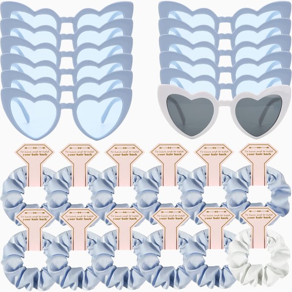 Loanzeg Satin Bridesmaid Scrunchies Bachelorette Hair Ties Set of 12 sunglasses Bridal Shower No Damage Hairties ideas Gift for Wedding Party Favors Bridesmaid Proposal Gifts (White&Dusty Blue)
