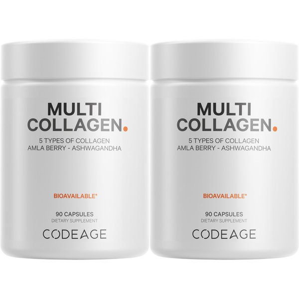 Codeage Multi Collagen Protein Capsules, Type I, II, III, V, X, Grass Fed & Hydrolyzed Collagen Pills Supplement, All in One Collagen, Bone Broth, Amla Berry Source of Vitamin C, Non-GMO - (2 Pack)