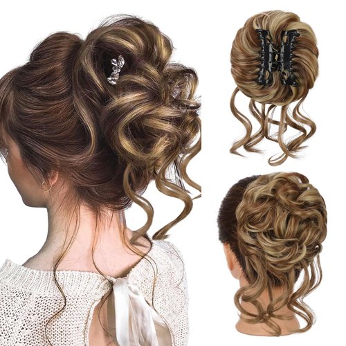 aforystanys Messy Bun Hair Piece Claw Clip Hair Bun Extension Curly Wavy Tousled Updo Hair Extensions Synthetic Chignon Buns Hair Pieces for Women-Brown Mixed Blonde