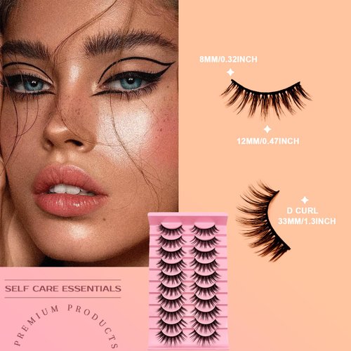 Kloffing Eyelashes Natural Look Faux Mink Lashes Pack Handmade Fluffy False Eyelashes 3D Volume Eyelash 10 Pairs Eye Lashes (8-12MM Cat Eye WA27)