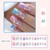 Colorful Press on Nails Medium Square Fake Nails Gold Foil and White Line Designs False Nails Full Cover Glue on Nails Acrylic Coffin Gradient Artificial Nails Stick on Nails for Women Girls 24Pcs