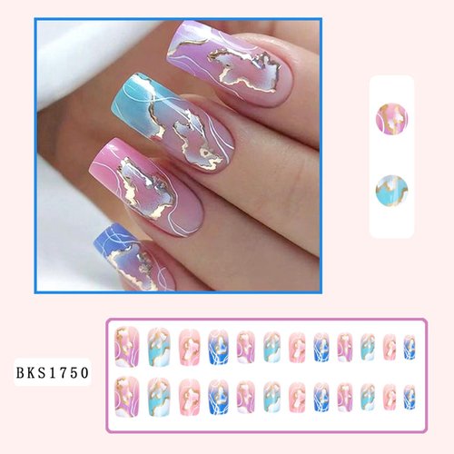 Colorful Press on Nails Medium Square Fake Nails Gold Foil and White Line Designs False Nails Full Cover Glue on Nails Acrylic Coffin Gradient Artificial Nails Stick on Nails for Women Girls 24Pcs