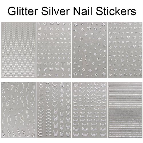 3D Glitter Silver French Nail Stickers for Women Nail Design Reflective French Nails Stickers Heart Butterfly Star Nail Stickers Wave Stripe Nail Art Stickers Swirl Lines Nail Decals Nail Supplies