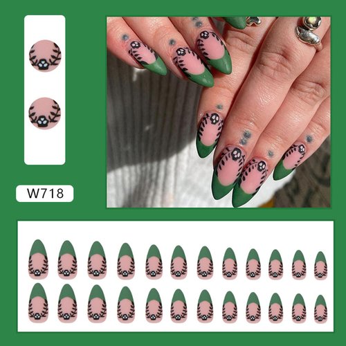 Halloween Press on Nails Medium Almond Matte Fake Nails Dark Green French Tip False Nails With Skull,Leaves Designs Full Cover Stick on Nails Acrylic Artificial Nails Glue on Nails for Women 24Pcs