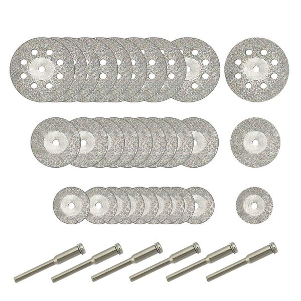 Hamineler 30 Pcs Diamond Cutting Wheel (25mm/20mm/16mm Each 10), Diamond Coated Cutting Wheel and 6pcs 3mm Mandrel for Rotary Tool