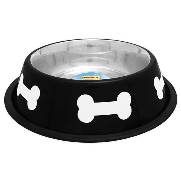 Ruffin' It Fashion Steel Bowl, 32-Ounce, Black with White Bones