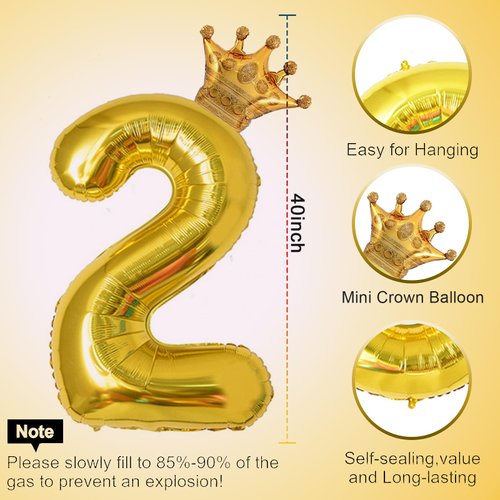 40 Inch Gold Number 2 & Mini Crown Balloon for Birthday Party Decorations, 2nd Birthday Party Decorations, Baby Shower Anniversary Balloons Decorations Supplies