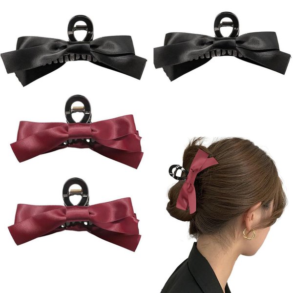 Doromy 4Pcs Big Bow Hair Claw Clips for Women Auzky Hair Bow Claw Clip Black Red Nonslip Big Bows Hair Claws Barrette Bowknot Hair Jaw Clips for Thick Thin Hair