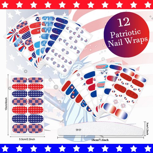 XEAOHESY 168 Pieces 12 Sheets 4th of July Patriotic Nail Wraps Independence Day Nail Polish Strips for Women Self-Adhesive American Flag Patriotic Nail Strips Nail Polish Stickers for Memorial Day