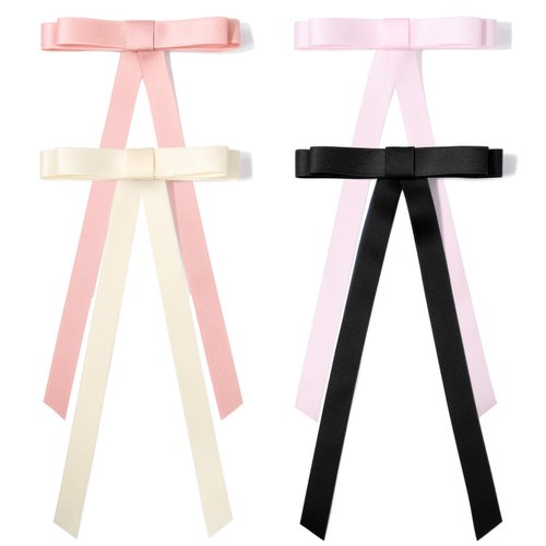 DEEKA 4Pcs Hair Bows for Women Black Pink Bows Classic Elegant Satin Hair Clips with Long Tail Tassel Hair Ribbon Hair Accessories for Women and Girls (Beige, Pink, Dusty Pink, Black)