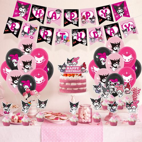 Kuormi Black Birthday Decorations Party Supplies Kawaii Sanro Party Favor Include Happy Birthday Banner, Cake Topper,Balloon，Cupcake Toppers, Carton Decorations for Women Teens