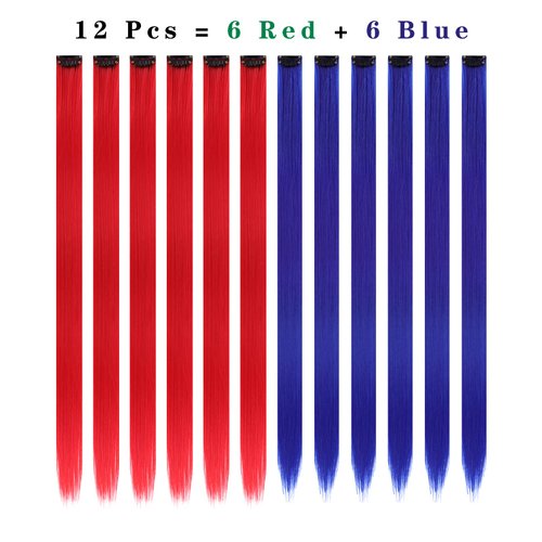 12PCS Colored Red and Blue Hair Extensions 22 Inch Colorful Clip in Hair Extensions Straight Synthetic Hairpiece for Women Kids Girls Halloween Christmas Cosplay, (Red+Blue)