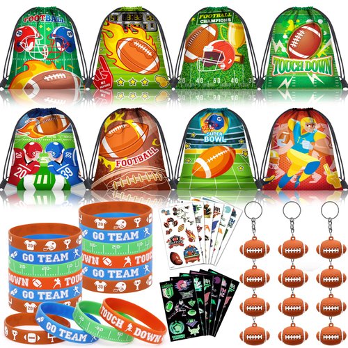 KELENO 12 Set Football Party Favors Sport Birthday Supplies Drawstring Backpack Silicone Bracelet Keychain Tattoo Sticker Toy Gift Boy Kid Goodie Bag Stuffers Classroom Reward Football Party Supplies