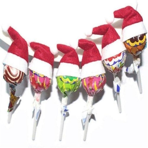 Warmshine 60 PCS Mini Christmas Hats Mini Christmas Santa Bottle Hats Christmas Lollipop Candy Cover Hat Holiday Party Supplies, 2.36x1.0Inch
