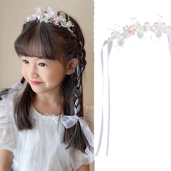 Paderison Pink Flower Girl Headband Princess Crystal Headpiece 5.4 Inches Wrist Flower Crown Hair Accessories for Women Girls Bridal Wedding Pearl Hair Band Toddler Birthday Party Communion