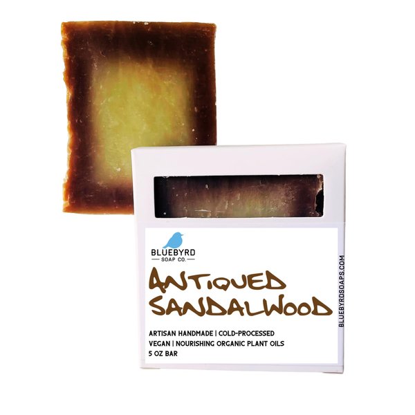 Bluebyrd Soap Co. Antiqued Sandalwood Mens Soap Bar | Creamy Rich Lather & Leaves Skin Smooth | Sandalwood Vegan Body Wash Bar - Skin Softening Organic Oils| No Parabens & Phthalates (ANTIQUE)