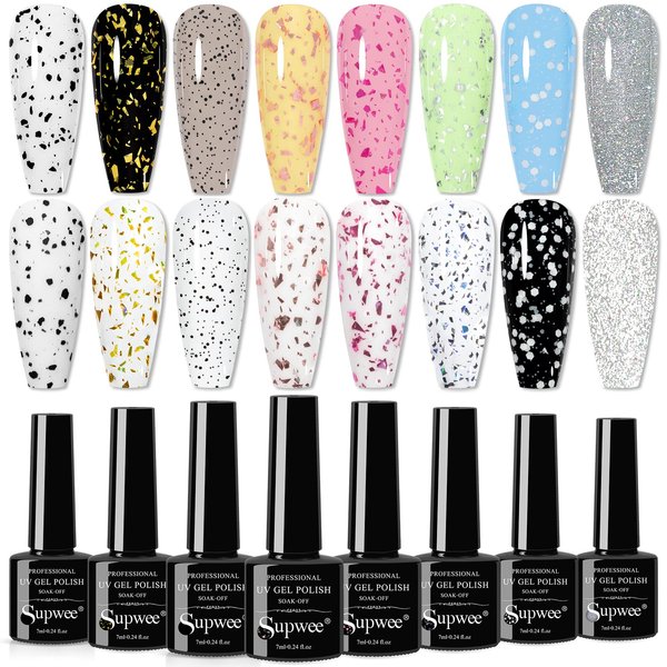 SUPWEE Pearl Gel Nail Polish 6 Colors Pearlescent Mermaid Nail Polish Shimmer Pink Blue Pearl White Gel Nail Polish Shell Swirl Thread Effect Soak Off UV LED Manicure Salon At Home Nail Art