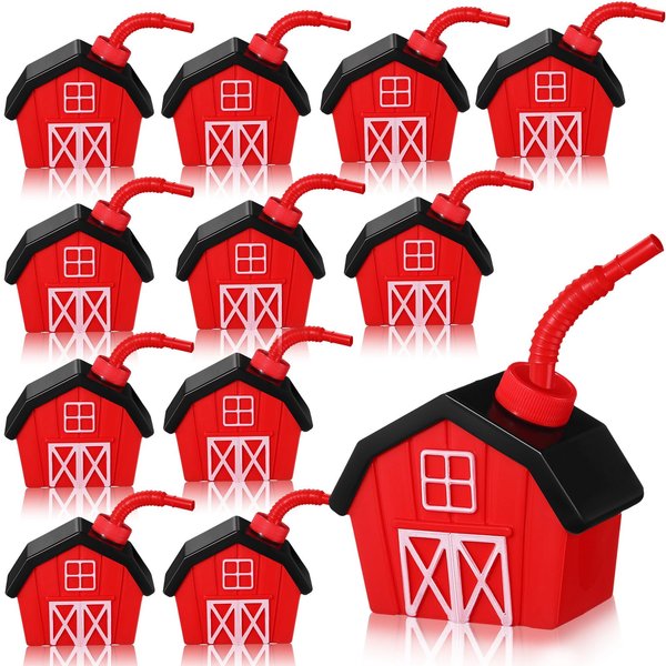 Tanlade 12 Pcs Farmhouse Cups with Lids and Straws, 10 oz Toy Farmhouse Cups for Farm Birthday Party, Barnyard Animals Party, Baby Shower Farm Animals Themed Party Decorations Supplies Favor (Red)