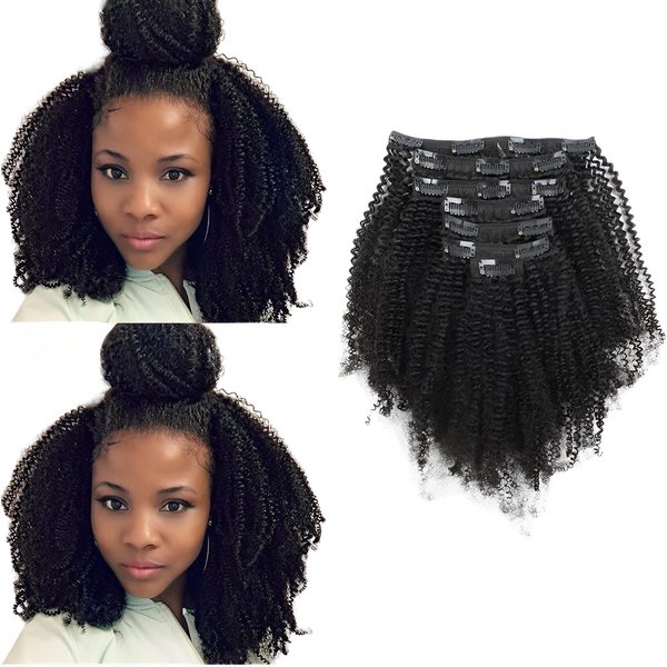 ABH AMAZINGBEAUTY HAIR Afro Coily Clip in Hair Extensions Real Human Hair 4B and 4C Double Wefts Remy Coily Clip ins for African Americans 120 Grams 7pcs 17 Clips, 1B Natural Black 16 Inch