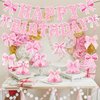 Papiailove Pink Bow Birthday Decorations, Coquete Birthday Party Decorations Set Happy Birthday Banner Ribbons Hanging Swirls Honeycomb Centerpieces for Girls Birthday Party Supplies