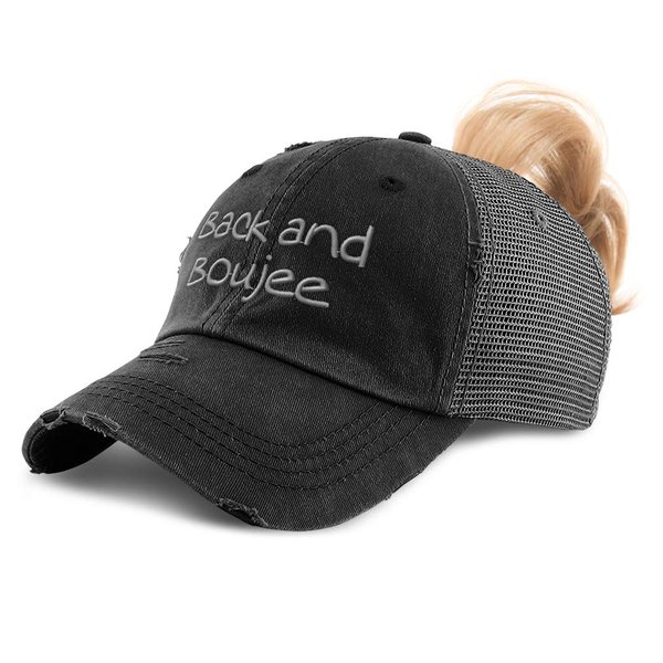 Speedy Pros Womens Ponytail Cap Back and Boujee Embroidery Cotton Distressed Trucker Hats Strap Closure Black Design Only