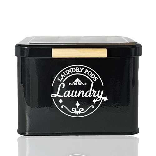Laundry Pods Container with Hinged Lid. Modern Laundry Room Organization and Storage. Farmhouse Metal Laundry Pods Holder for Laundry Room Decor. Laundry Detergent Container-Black