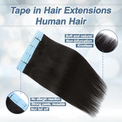 Tape in Hair Extensions Human Hair 100% Remy Hair 20pcs 50g/Pack Straight Seamless Invisible Skin Weft Extensions Easy to Apply and Style (#1B Natural Black, 12 Inch)