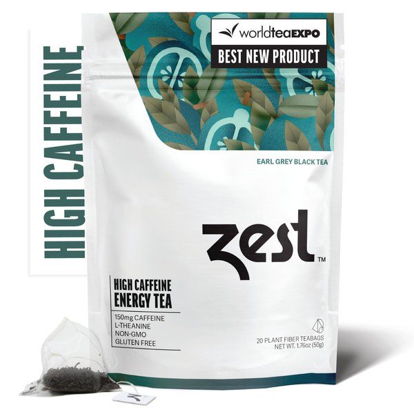 Zest 150mg High Caffeine Energy Leaf Blend - Earl Grey Black Tea - 20 Pack Bag - Hot or Iced - All Natural Strong Flavored Healthy Coffee Alternative Highly Caffeinated Substitute - Perfect for Keto