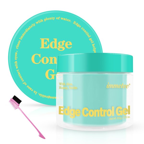 immetee Edge Control Gel with Brush, Hair Styling Gel for Flyaway Tamer and Afro Hair (100g, 3.52 oz, Green-Avocado)