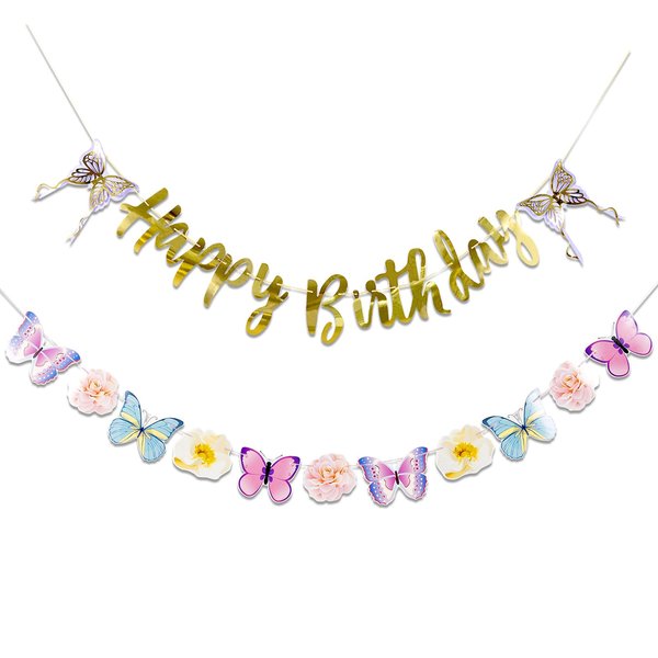 SUNBEAUTY Butterfly Happy Birthday Banner Butterfly Birthday Party Decoration Garden Party Decorations Fairy Party Decoration Spring Banner Flowers Banner | Pre-Strung