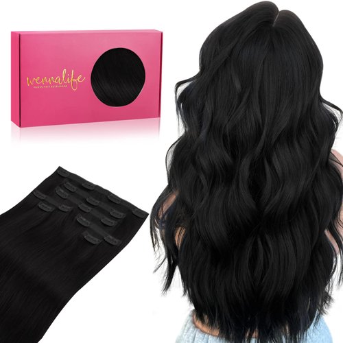 WENNALIFE Genius Seamless Clip in Hair Extensions Human Hair 130g 7pcs 18 Inch Ultra Invisible 50% Thinner Seamless Hair Extensions Clip In Jet Black Hair Extensions Real Human Hair