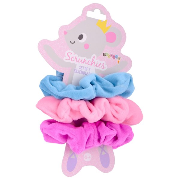 iscream Dancing Mouse Silky Soft Velour Set of 3 Scrunchies - Pink, Blue & Fucsia