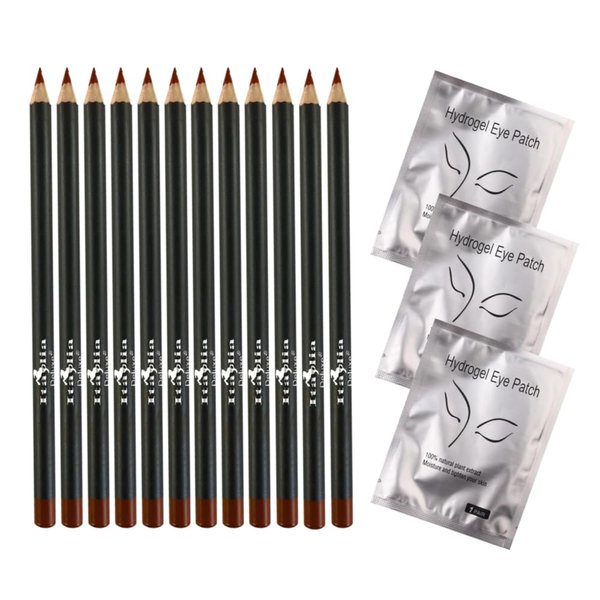 Italia Deluxe 12 pcs Eyeliner Pencil, Ultra Fine, Creamy, High-pigmented, Long-lasting + 3 pair Hydrogel Eye Patch for Lash Extensions (Brown)
