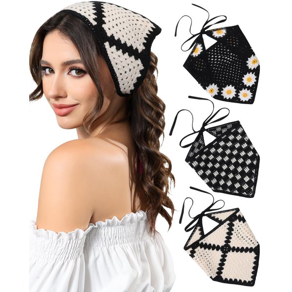 AWAYTR Crochet Head Scarf Hair Bandanas for Women Knit Bandana Headband Scarf Tie-Back Head Coverings Floral Headscarf for Girls (Black)
