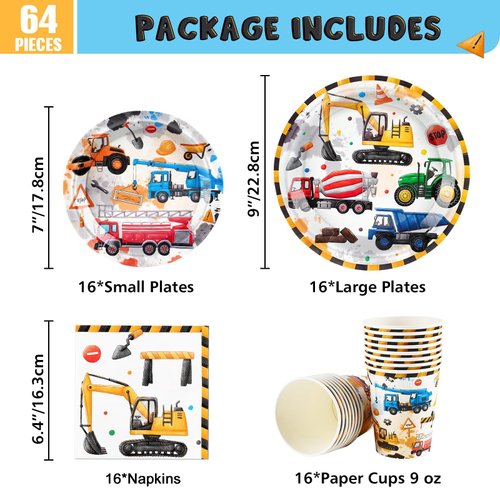 WERNNSAI Construction Party Supplies Set - 64 PCS Dump Truck Theme Birthday Party Decorations Disposable Paper Plates Cups Napkins Tableware for Boys Kids Baby Shower Excavator Birthday Party Decor