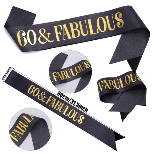 "60 & Fabulous"Sash & Rhinestone Tiara Set, Black Gold 60th Birthday Gifts for Women, Birthday Sash/Tiara for Women's 60th Birthday Party Decoration (Black 60th)