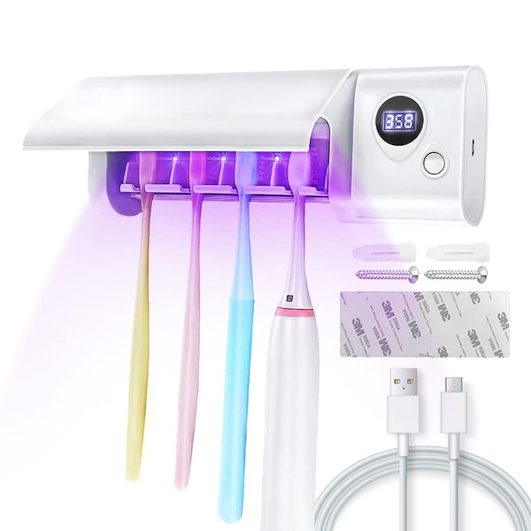 Toothbrush Holders for Bathrooms - Electric Toothbrush Holder with 4 Toothbrush Slot, Wireless Wall Mount Toothbrush Holder Fits Electric, Ordinary Toothbrushes - White