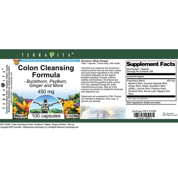 Colon Cleansing Formula - Buckthorn, Psyllium, Ginger and More - 450 mg (100 Capsules, ZIN: 512529) - 2 Pack