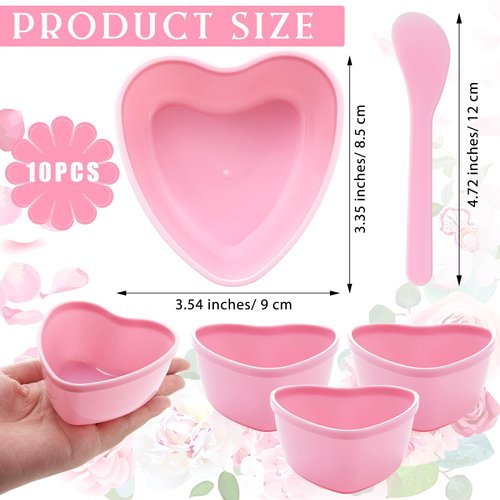 Teenyyou 10 Sets Plastic Heart Shaped Facial Mask Mixing Bowl with Spatula Esthetician Supplies Pink Facemask Bowl DIY Skin Care Mixing Tool Kit for Lady Women Home Beauty Salon Use