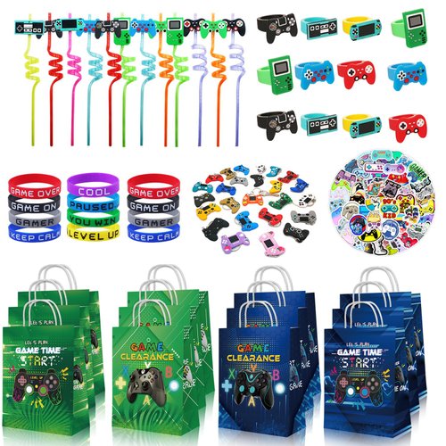 ENERFLAT Gamer Party Favors Kit - 12 Person Video Game Themed Birthday Party Decorations & Supplies, Includes Game On Goodie Bags, Straws, Keychains, Wristbands, Rings & Stickers
