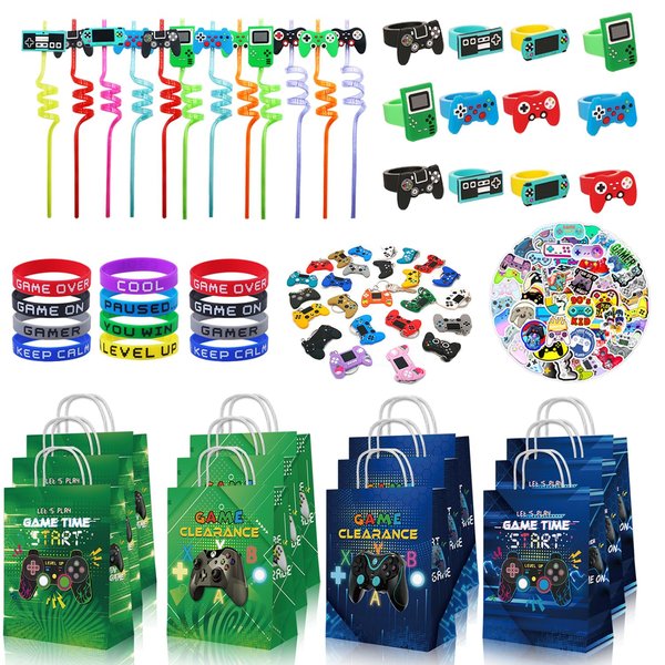ENERFLAT Gamer Party Favors Kit - 12 Person Video Game Themed Birthday Party Decorations & Supplies, Includes Game On Goodie Bags, Straws, Keychains, Wristbands, Rings & Stickers