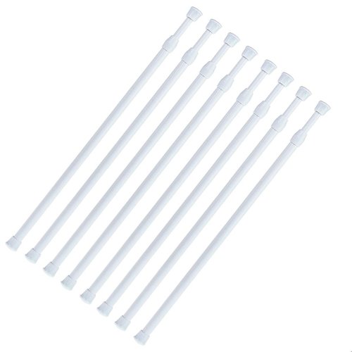 DeElf Outlet 8 Packs Small Tension Rods 16 to 28 inch Spring Adjustable Bars for Camper RV Refrigerator, Kitchen Windown, Cupboard Utensils, Closet, and Cabinet, White