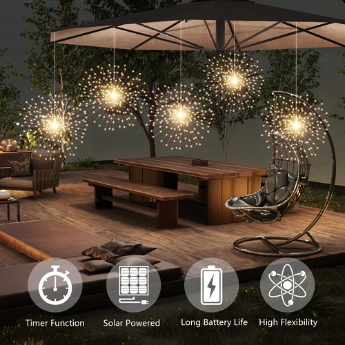 PXBNIUYA 1 Pack Starburst Sphere Lights with Remote Control,200 LED Firework Lights, 8 Modes Dimmable Waterproof Hanging Fairy Light, Copper Wire Lights for Patio Parties Christmas (Solar Powered)