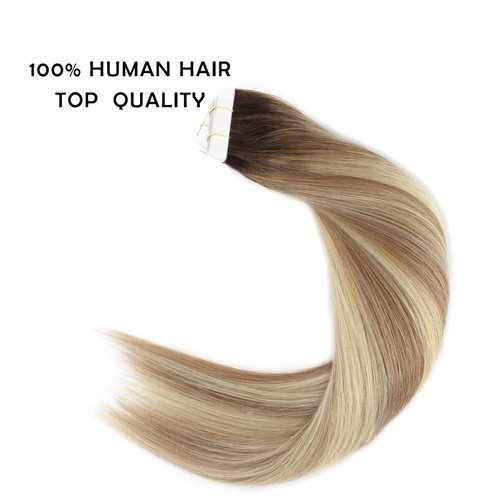 Sassina Tape in Hair Extensions Rooted Brown to Blonde 20 Inch Remy Human Hair 50 Gram Soft Invisible Seamless Skin Weft Human Hair 20 Pcs #R3/8-613