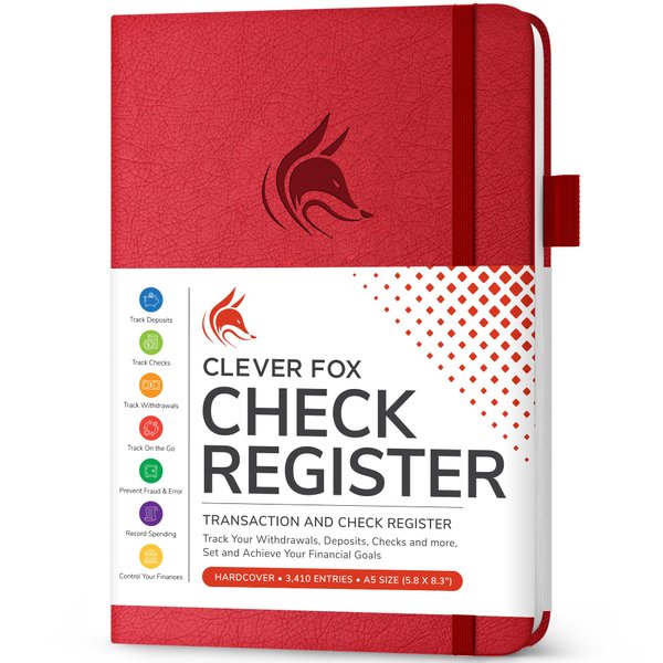 Clever Fox Check Register Book - Deluxe Transaction Register, Accounting Ledger Book, Checkbook Register & Checking Account Register Book for Personal and Work Use, A5 Hardcover - Red
