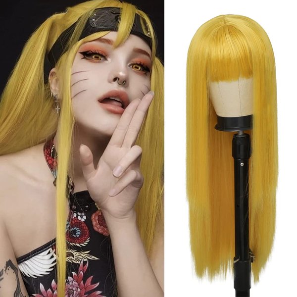Tseses Yellow Long Straight Wig with Bangs for Women Cosplay Halloween Party Daily Hair Wigs Heat Resistant Synthetic Wig